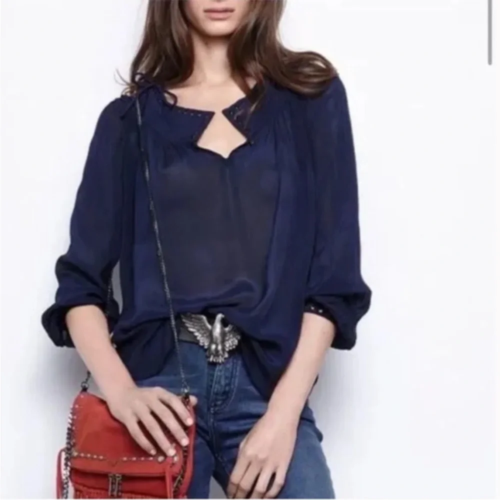 Zadig & Voltaire Tirate Blouse Small Navy Blue long sleeves Tie Shoulders - Picture 1 of 10